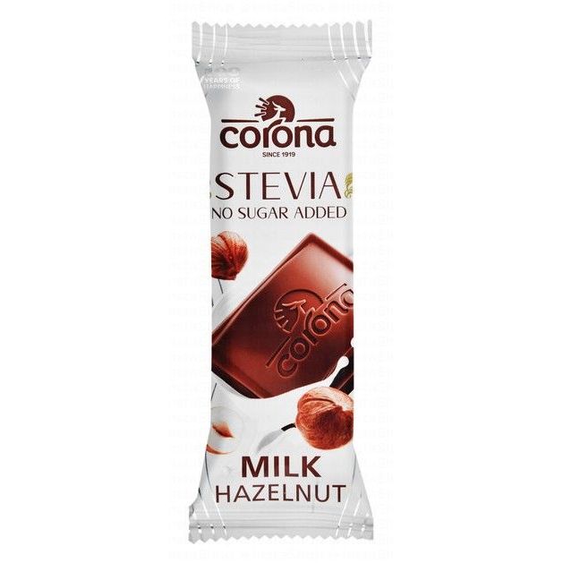Corona Milk Chocolate Bar with Hazelnut & Stevia - no added sugar, trans fat free, palm oil free